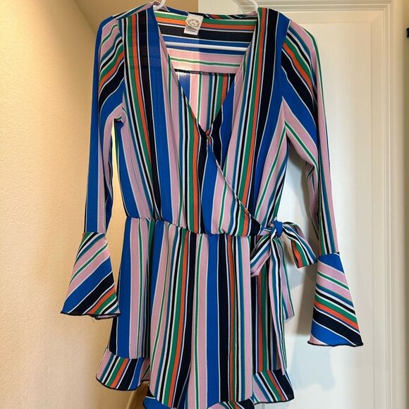 Ivy for Anthropologie Striped Wrap Romper - Blue, Pink, Green - Size L - Picture 1 of 12